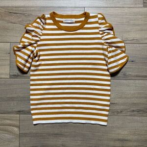 By Anthropologie Womens Flutter Sleeve‎ Striped Top Size Small White Gold Ochre